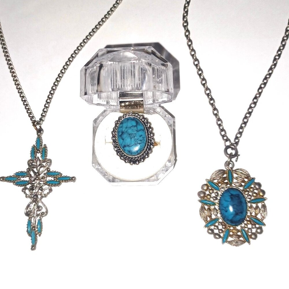 Faux Turquoise and Silver Tone Vintage Lot of Two Necklaces and One Ring 1970s